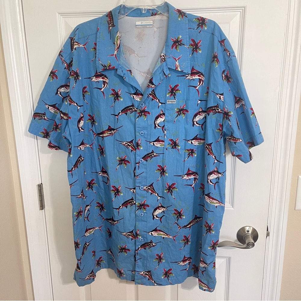 Columbia Trollers Best Button Down Short Sleeved Shirt Marlins print size XXL